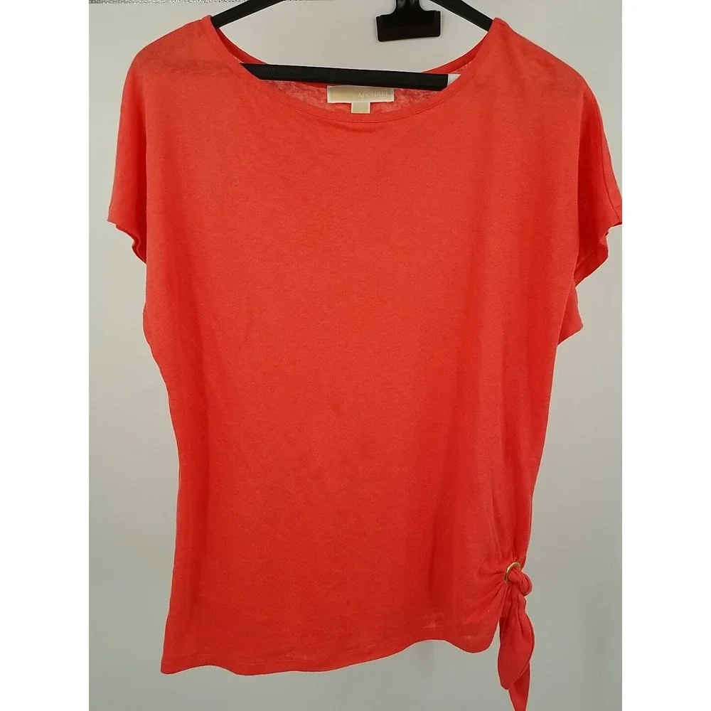 Michael Kors Women's Woven Side Tie Short Sleeve Tee Peach Sz Small‎